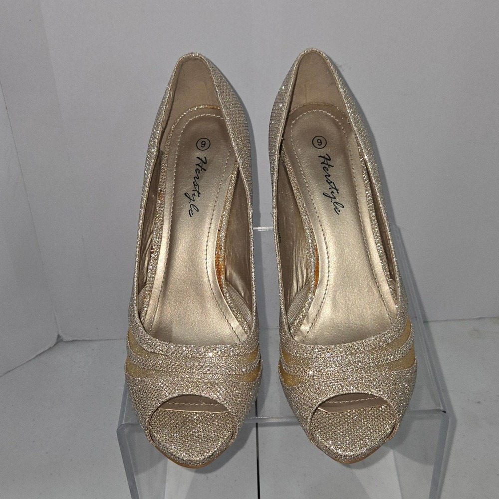 Herstyle Spiccyy Gold Glitter Peep Toe Platform Stiletto Heels Womens Size 9 - Picture 2 of 10